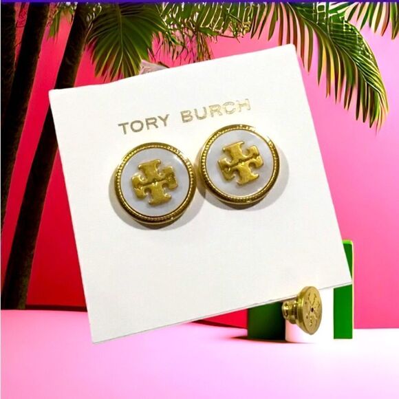 TORY BURCH MOTHER OF PEARL STUD EARRINGS IN ANTIQUE GOLD - Picture 2 of 3
